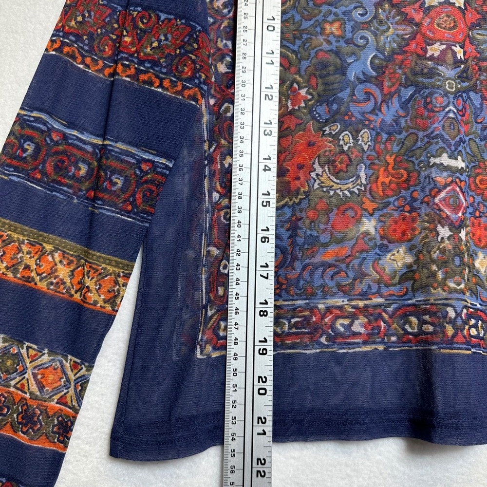 New York & Company Mesh Top Women L Blue Tapestry Print Sheer Long Sleeve - Picture 8 of 9